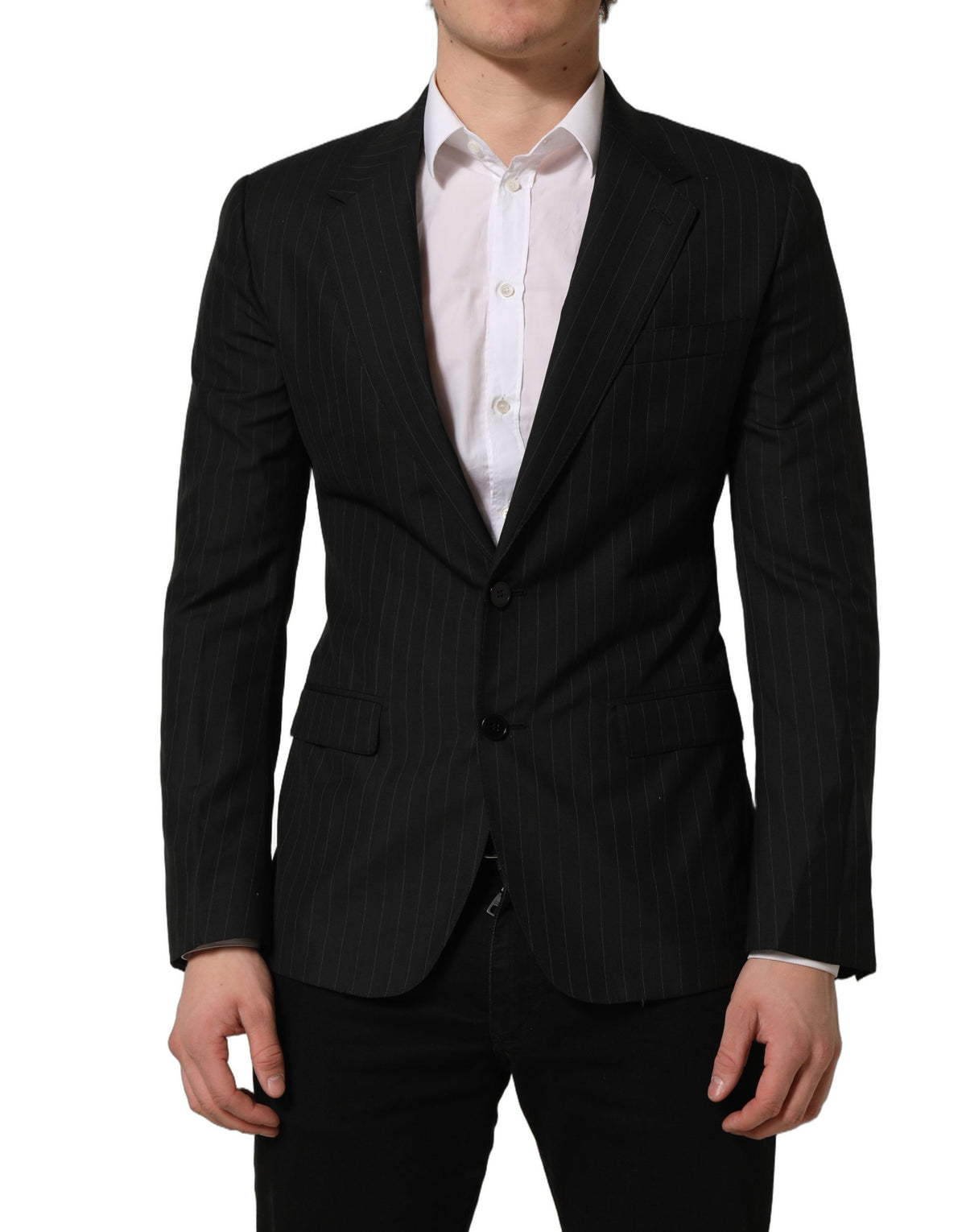 Dolce & Gabbana Dunkelgrauer gestreifter einreihiger Blazer aus Wolle