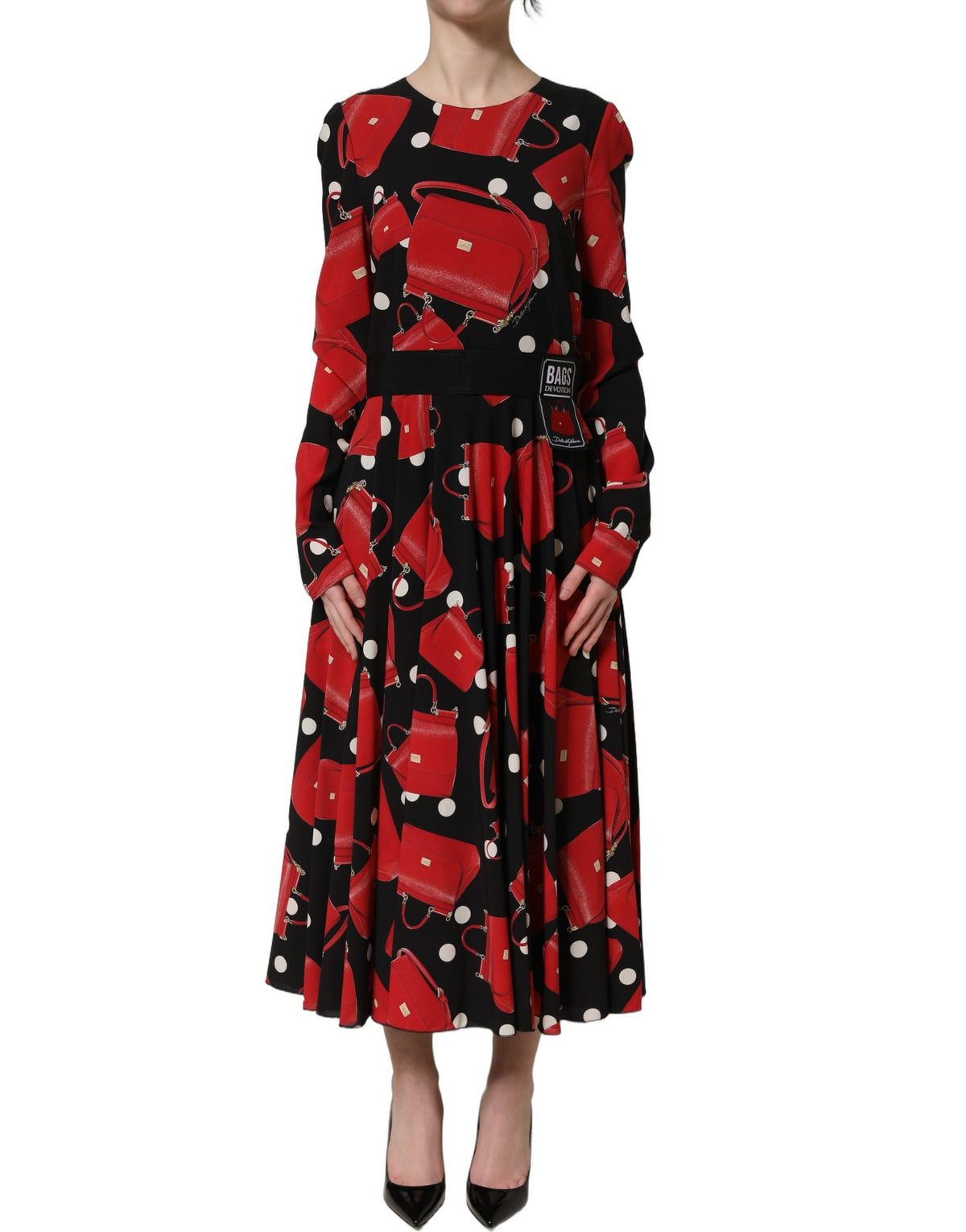 Dolce & Gabbana Schwarzes Etuikleid mit Handtaschen-Print und langen Ärmeln