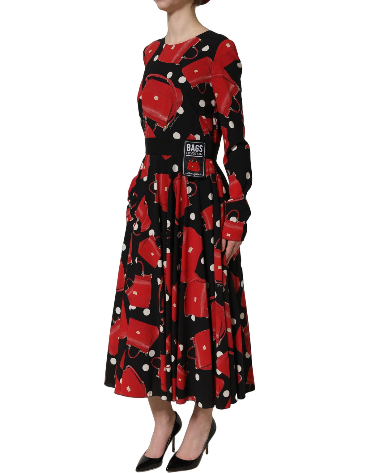 Dolce & Gabbana Schwarzes Etuikleid mit Handtaschen-Print und langen Ärmeln