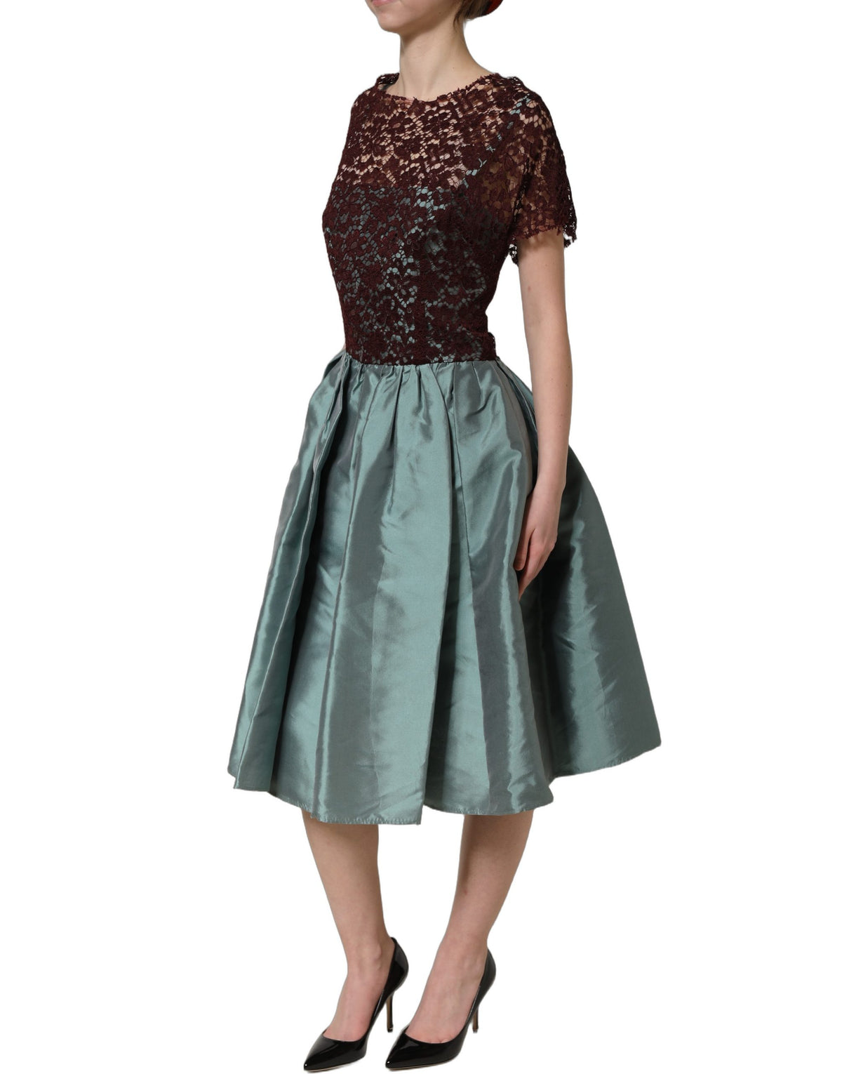 Dolce & Gabbana Midi-Kleid aus mehrfarbiger geblümter Spitze und Taft mit Falten
