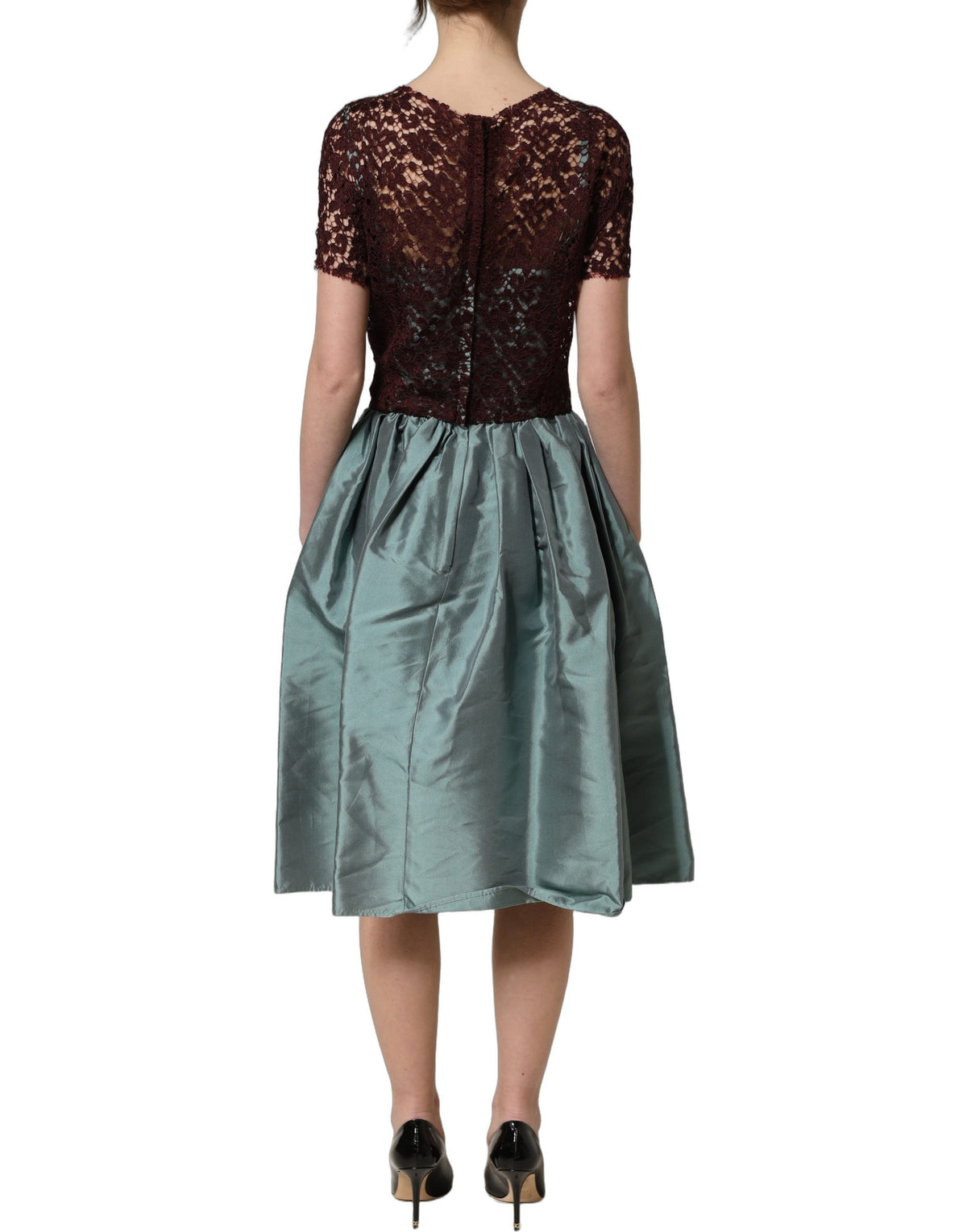 Dolce & Gabbana Midi-Kleid aus mehrfarbiger geblümter Spitze und Taft mit Falten