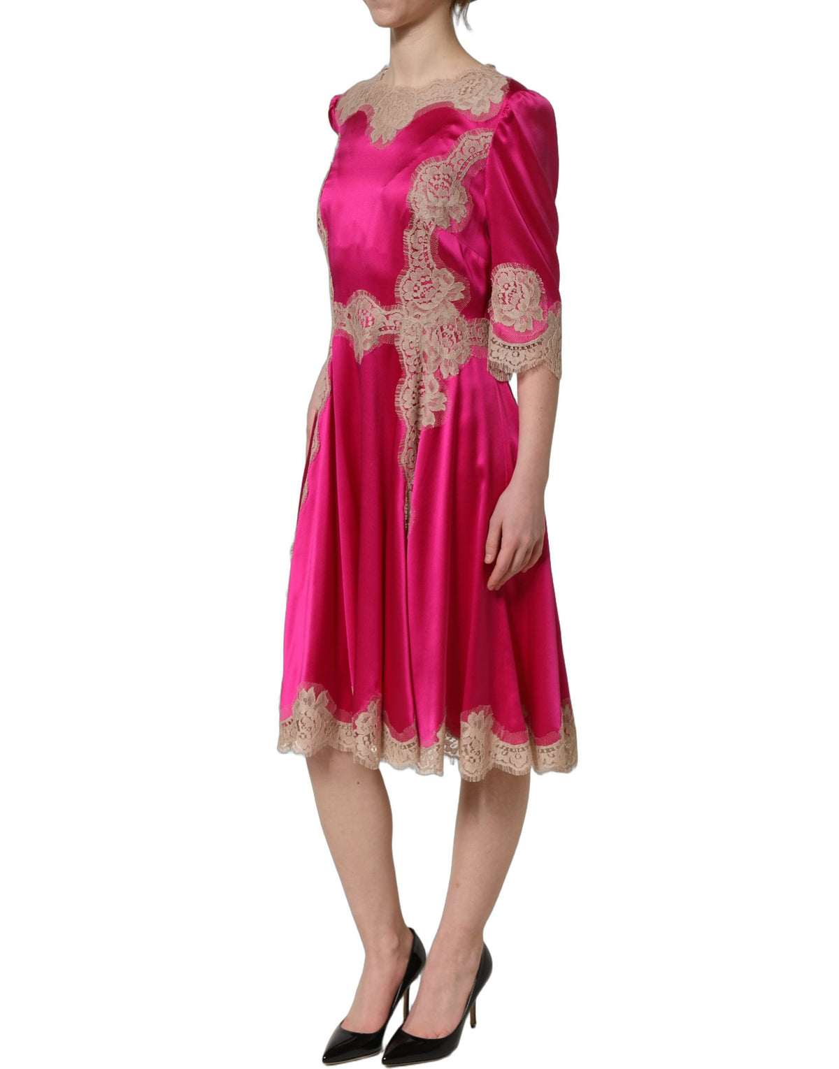 Dolce & Gabbana Fuchsiapinkes Midikleid in A-Linie mit Spitzenbesatz