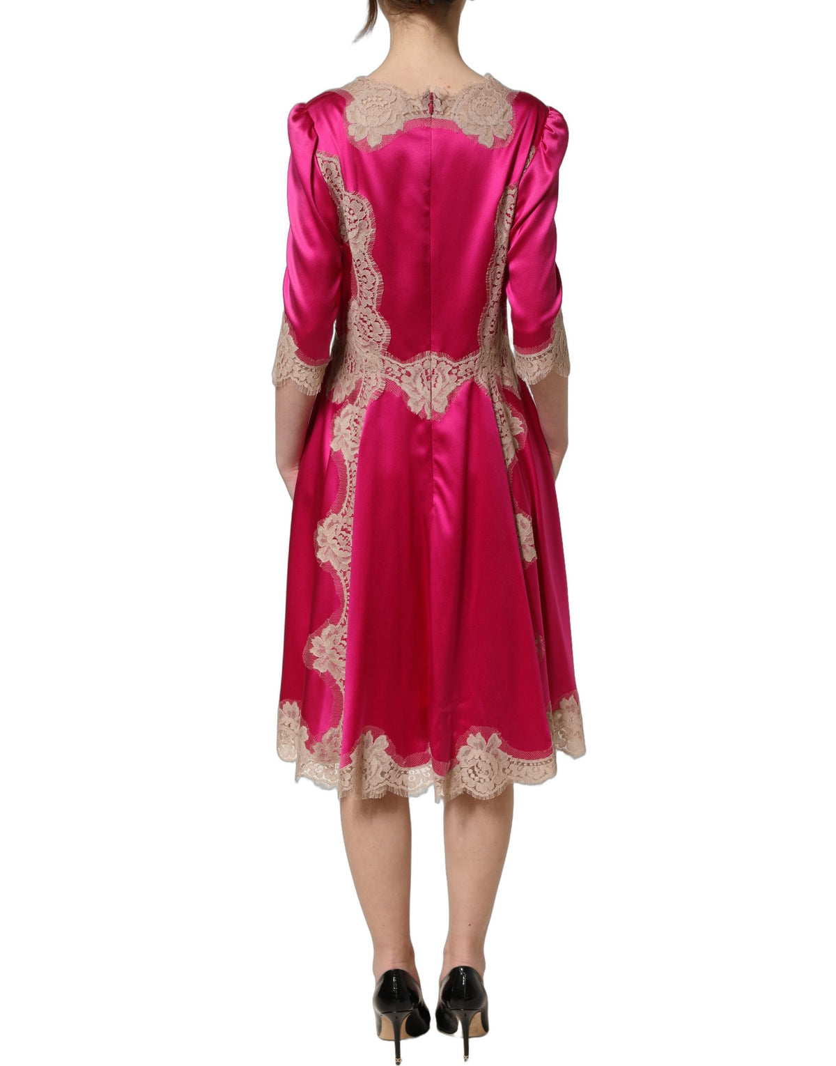 Dolce & Gabbana Fuchsiapinkes Midikleid in A-Linie mit Spitzenbesatz