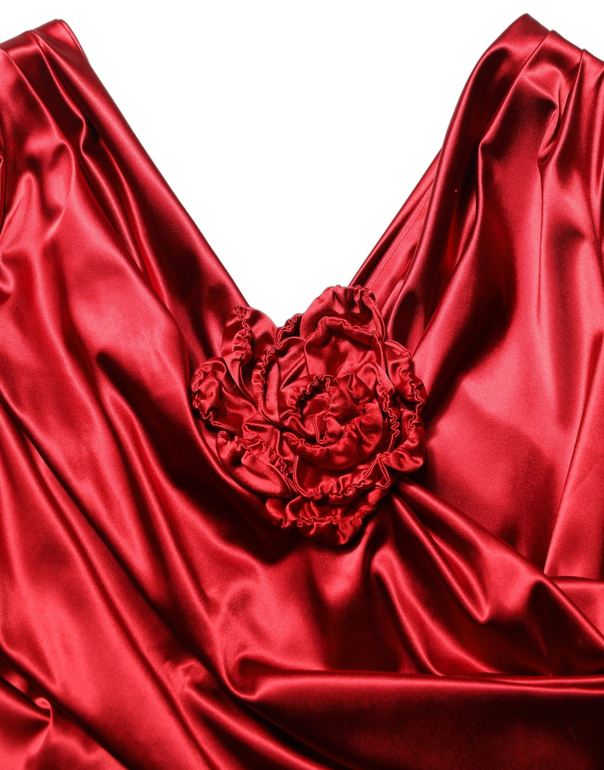 Dolce & Gabbana rotes Midikleid aus Seidensatin mit Drapierungen und floralen Applikationen