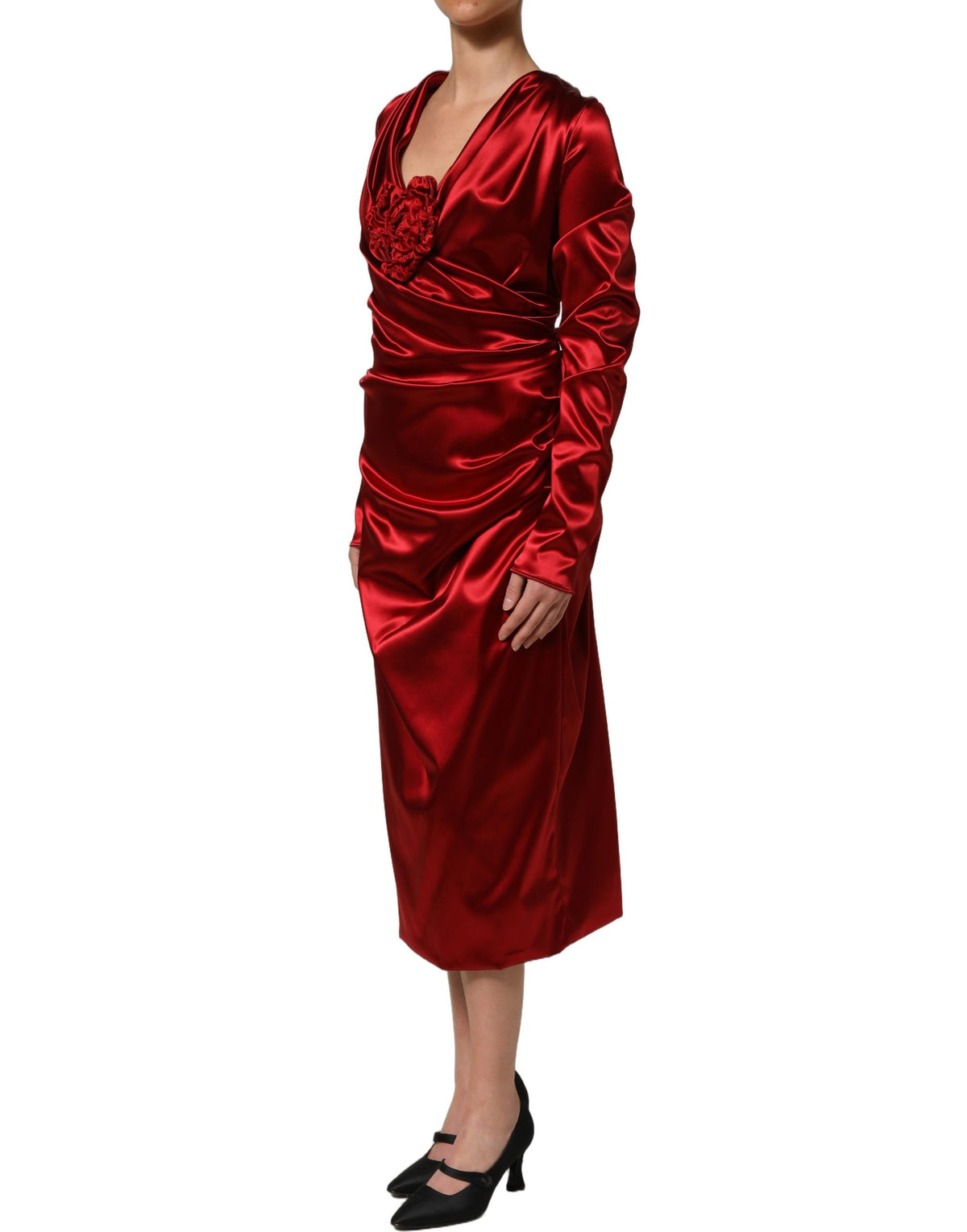 Dolce & Gabbana rotes Midikleid aus Seidensatin mit Drapierungen und floralen Applikationen
