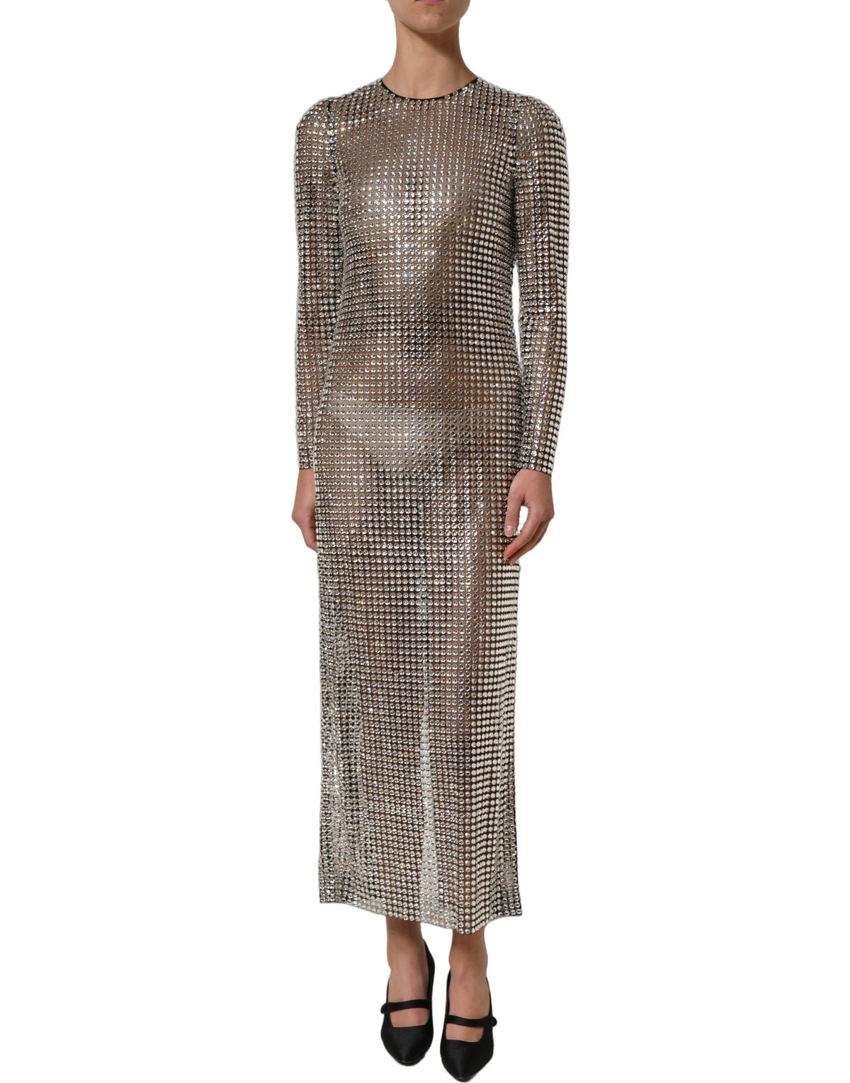 Dolce & Gabbana beigefarbenes, kristallverziertes langes Abendkleid