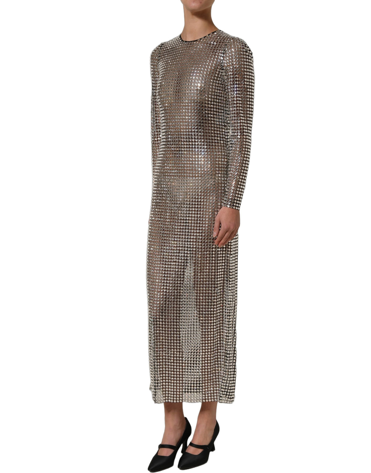 Dolce & Gabbana beigefarbenes, kristallverziertes langes Abendkleid