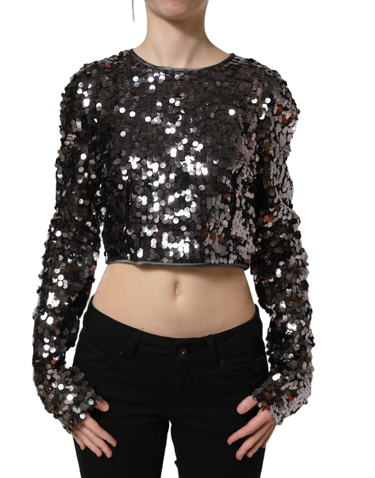 Dolce & Gabbana Schwarze Pailletten-Crop-Bluse mit langen Ärmeln