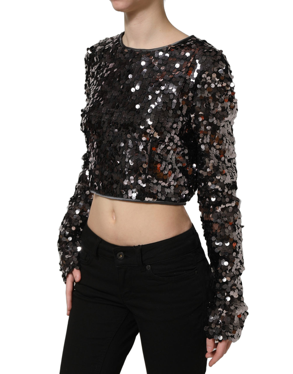 Dolce & Gabbana Schwarze Pailletten-Crop-Bluse mit langen Ärmeln