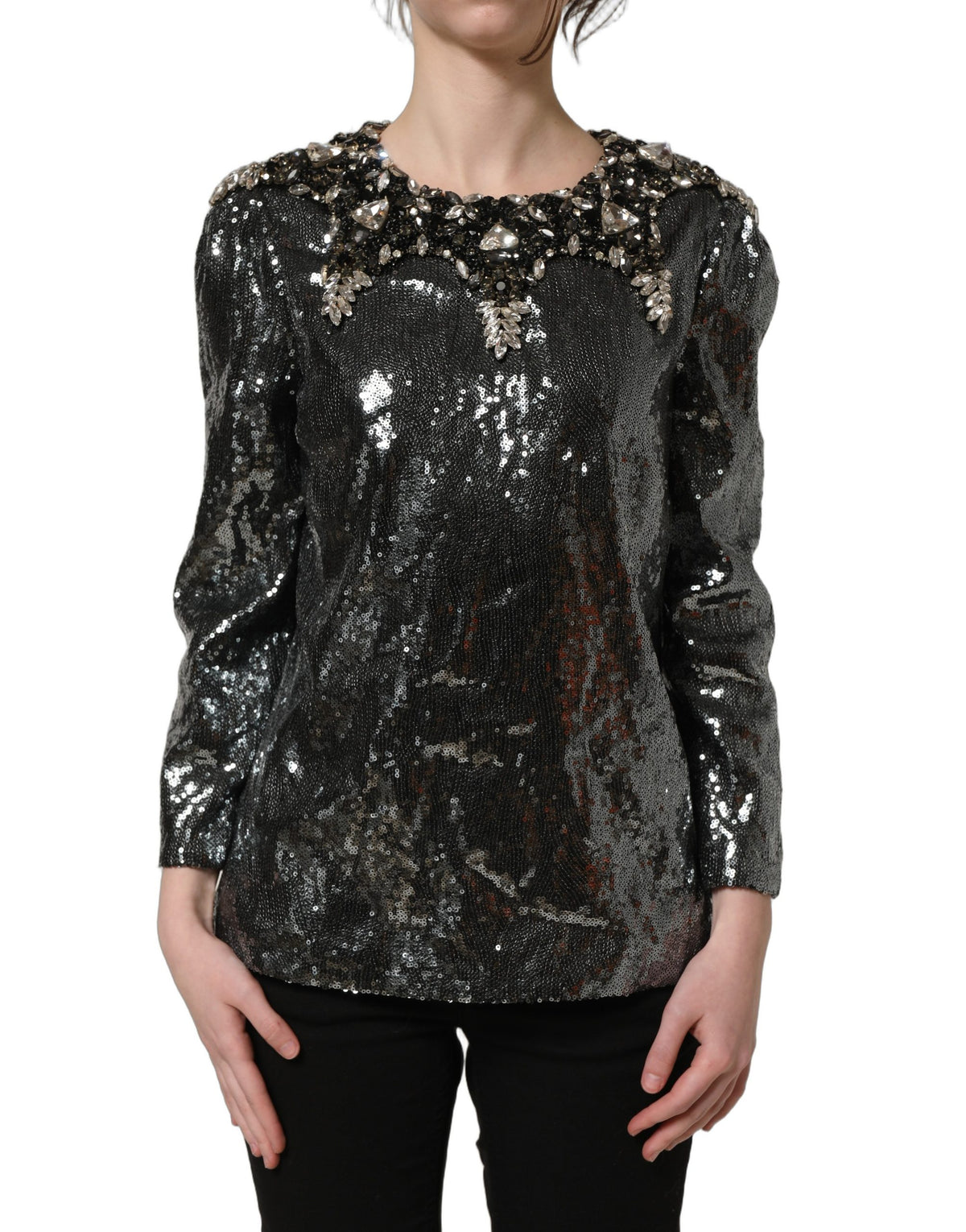 Dolce & Gabbana Metallicgraues Paillettenverziertes Blusentop