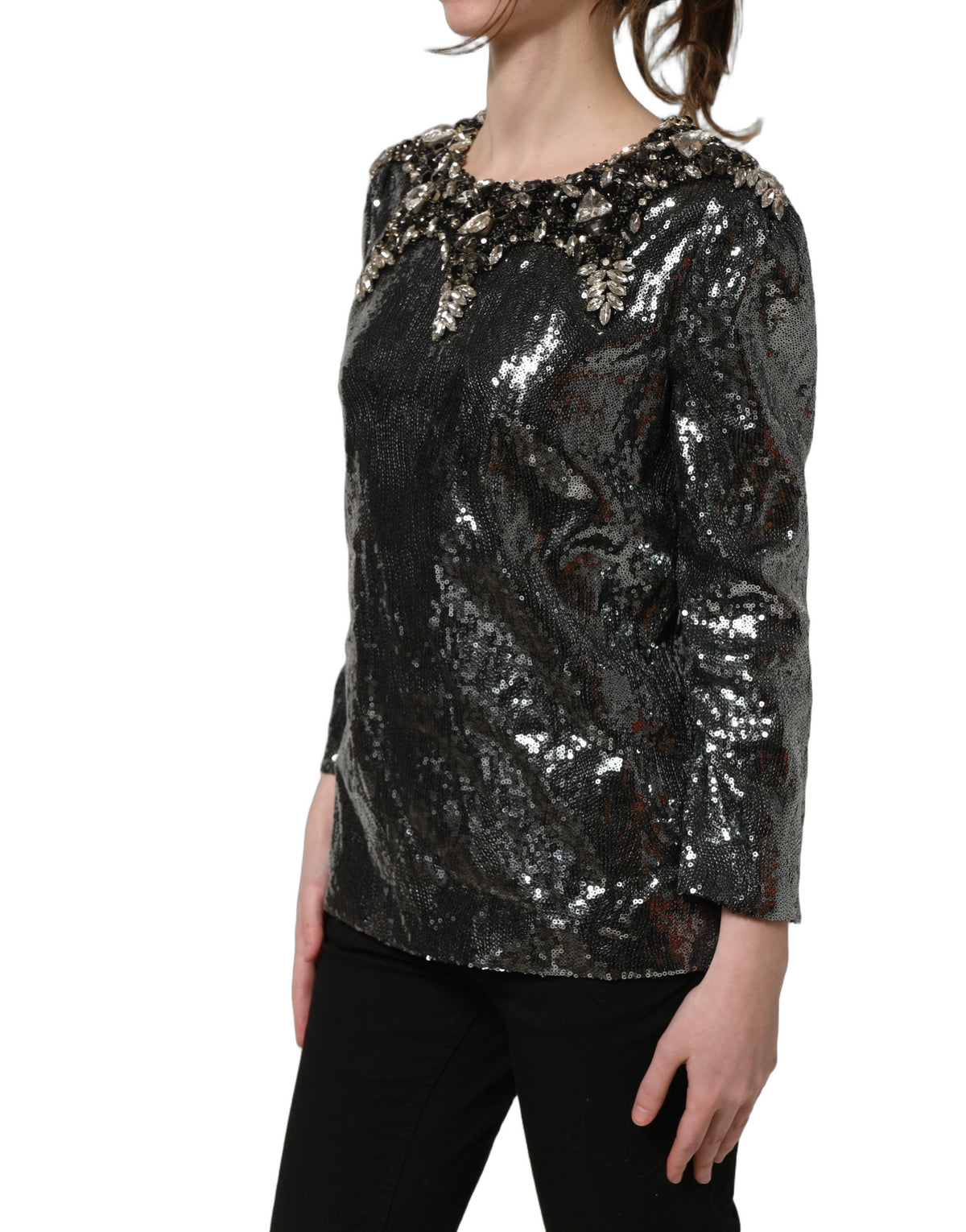 Dolce & Gabbana Metallicgraues Paillettenverziertes Blusentop