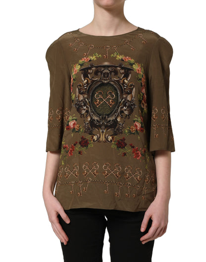 Dolce & Gabbana Brown Keys Roses Printed Silk Blouse Top