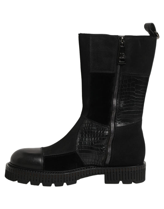 Dolce & Gabbana Black Patchwork Leather Mid Calf Boots Shoes