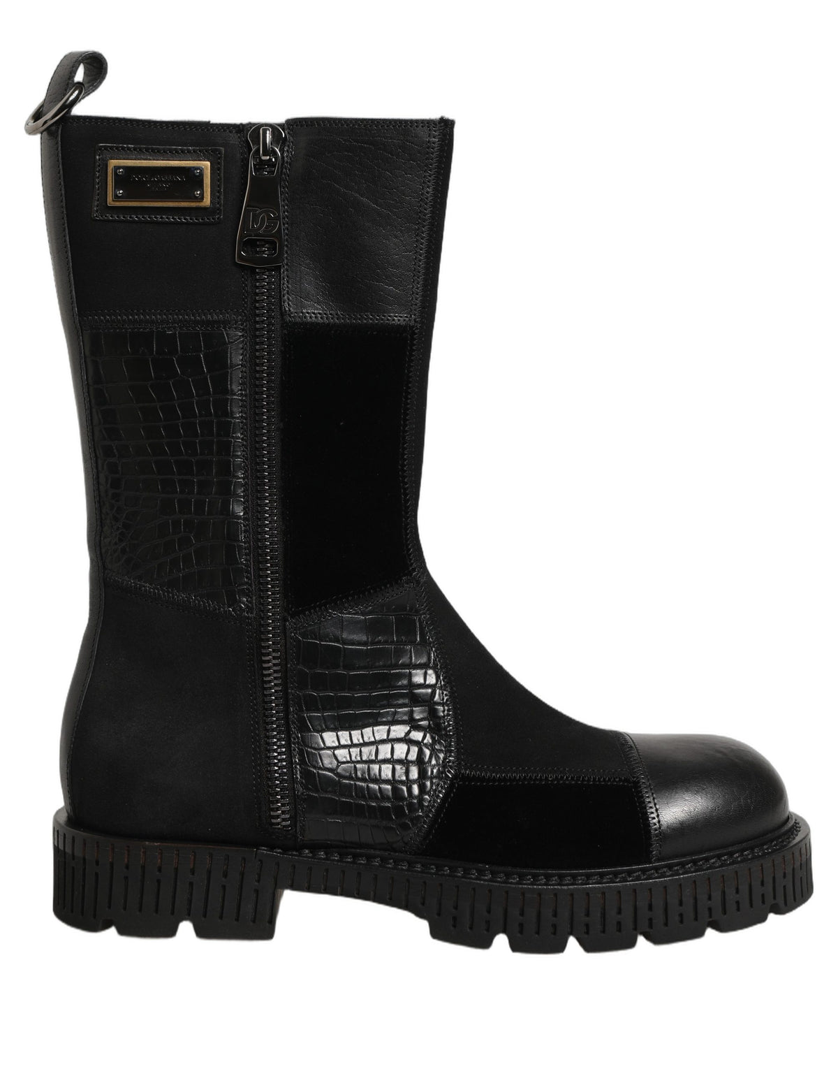 Dolce & Gabbana Schwarze Patchwork-Leder Mid-Calf Stiefel Schuhe