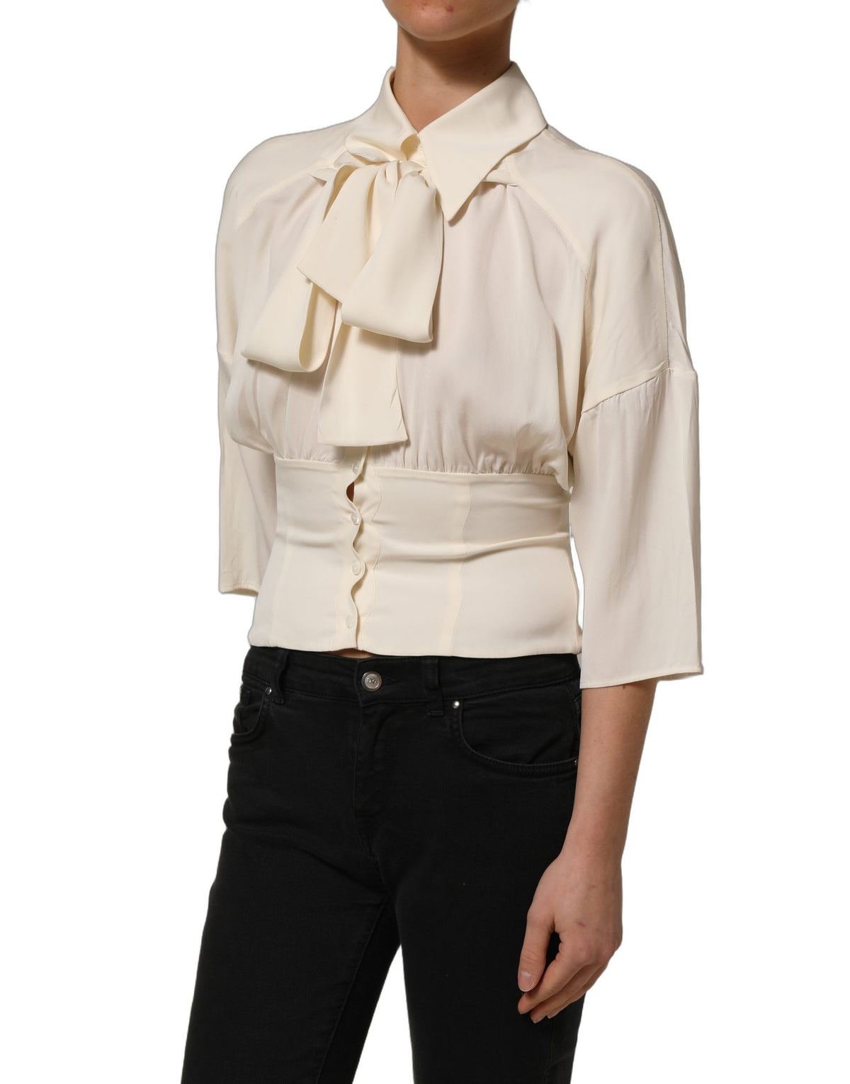 Dolce & Gabbana Off-White Bluse mit Ascot-Kragen und langen Ärmeln