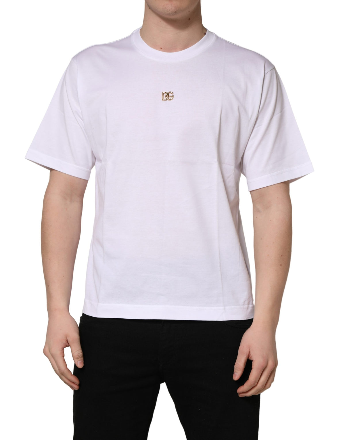 Dolce & Gabbana DG Logo T-Shirt aus Baumwolle mit weißen Metalleinsätzen und kurzen Ärmeln
