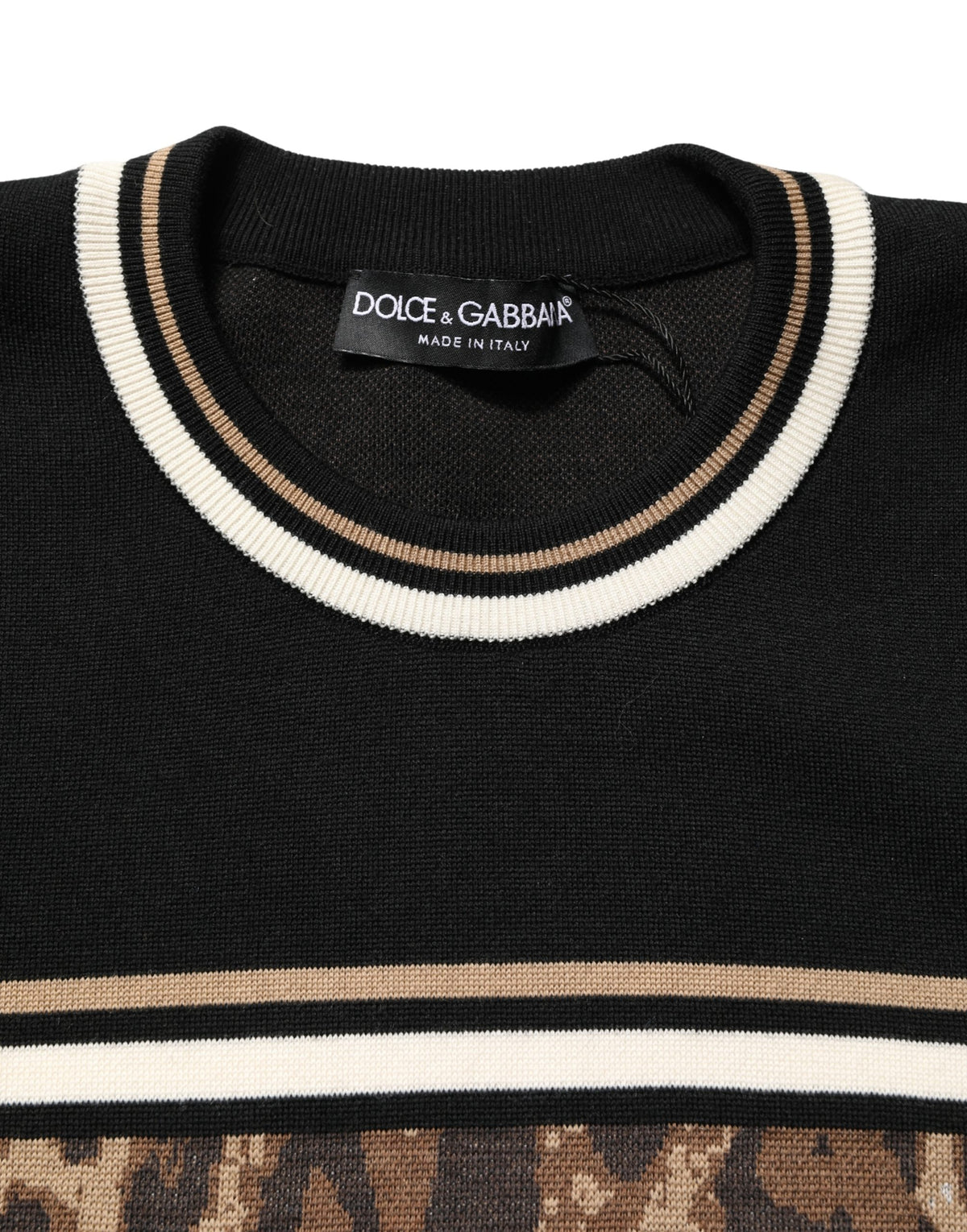 Dolce & Gabbana Schwarzer Leopard Crew Neck Herren Pullover aus Wolle