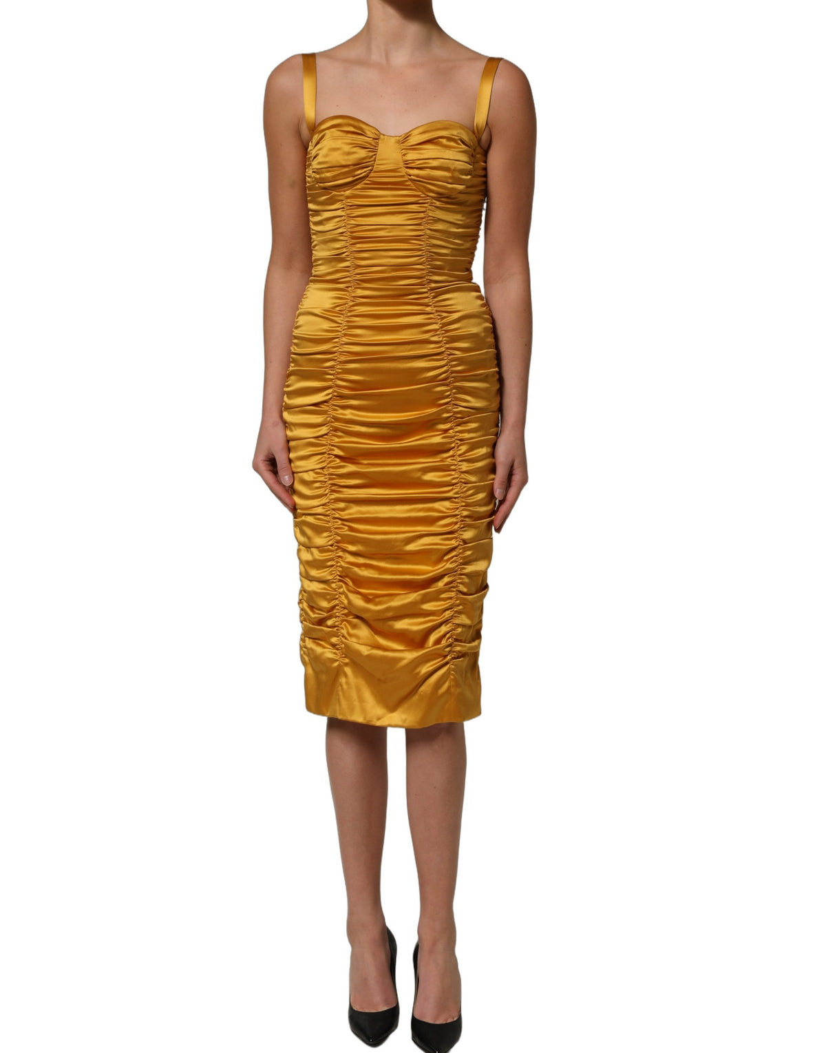 Dolce & Gabbana goldenes gerüschtes Bodycon-Midi-Kleid aus Seide