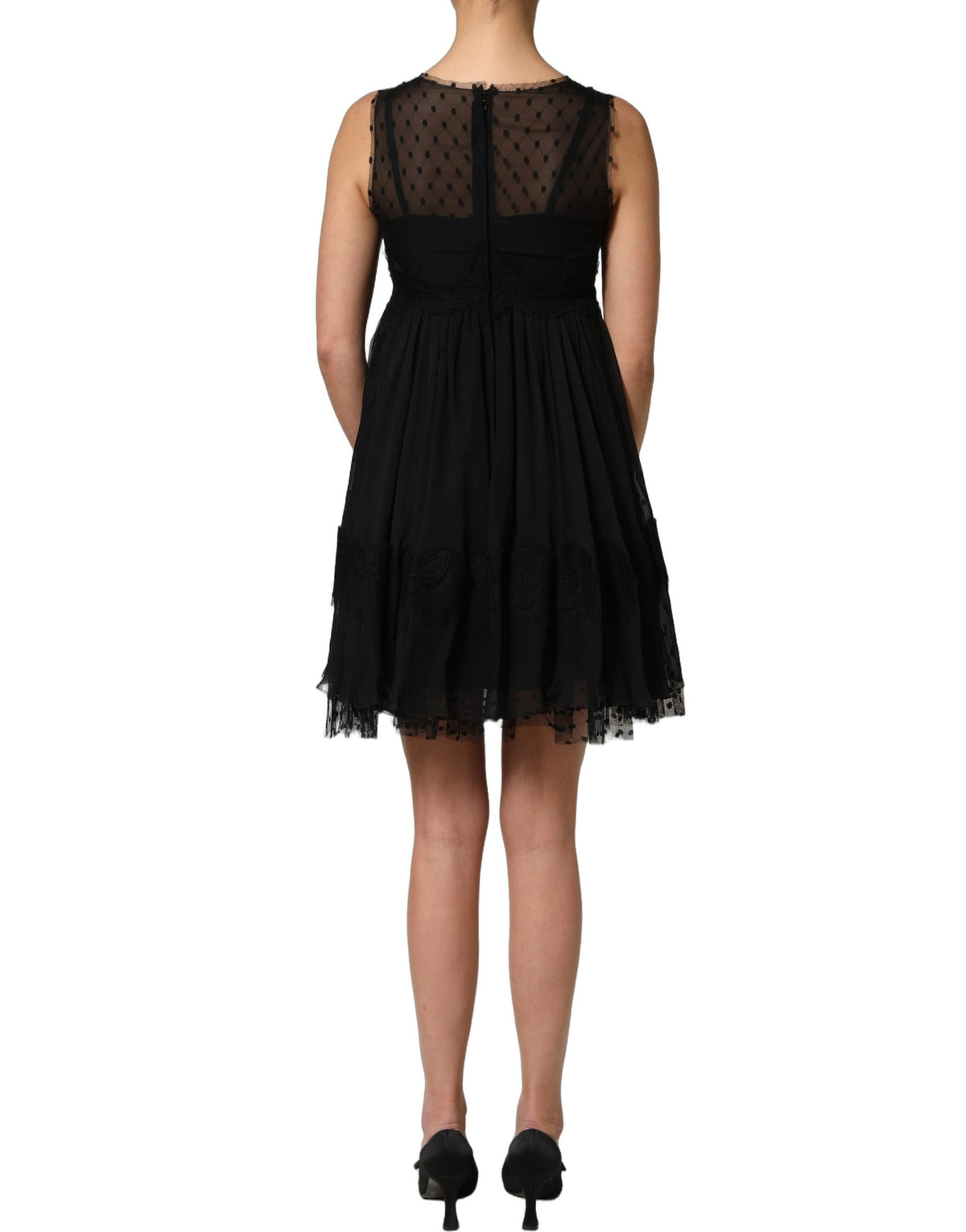 Dolce & Gabbana Schwarzes ärmelloses A-Linien-Minikleid mit Spitzenbesatz