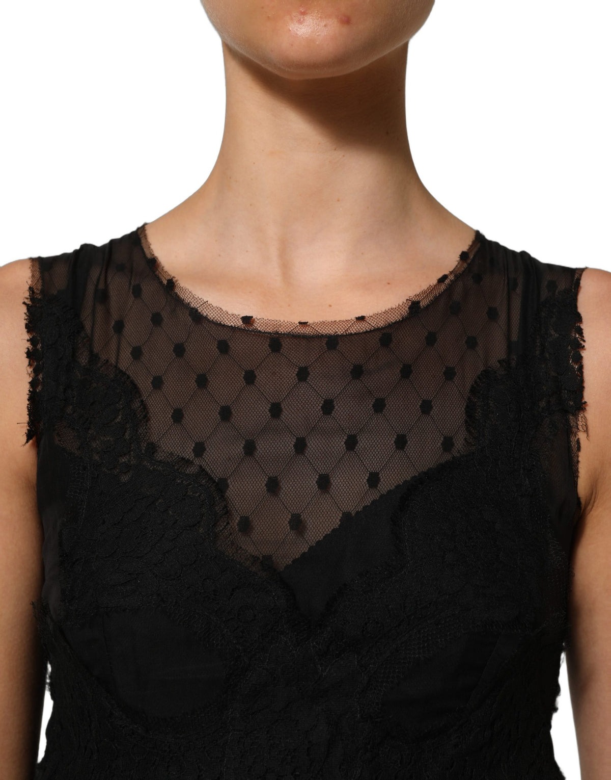 Dolce & Gabbana Schwarzes ärmelloses A-Linien-Minikleid mit Spitzenbesatz
