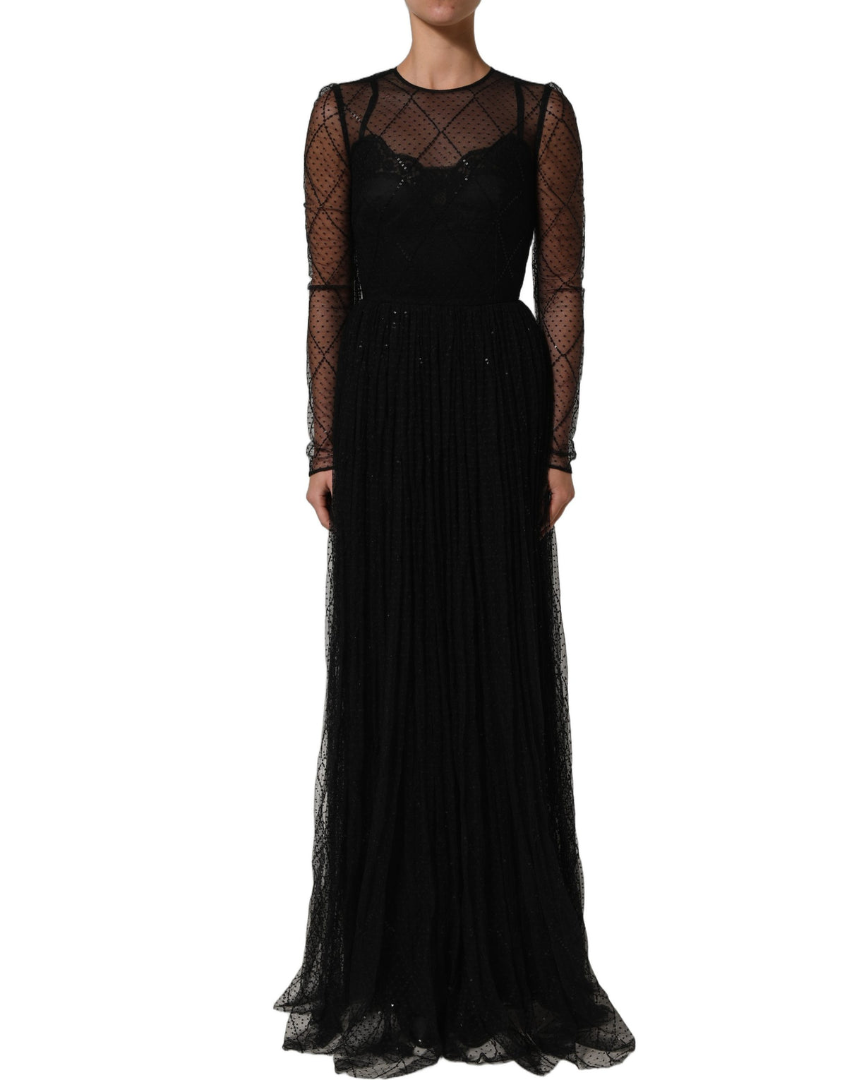 Dolce & Gabbana Schwarzes Maxikleid mit langen Ärmeln aus Mesh-Spitze