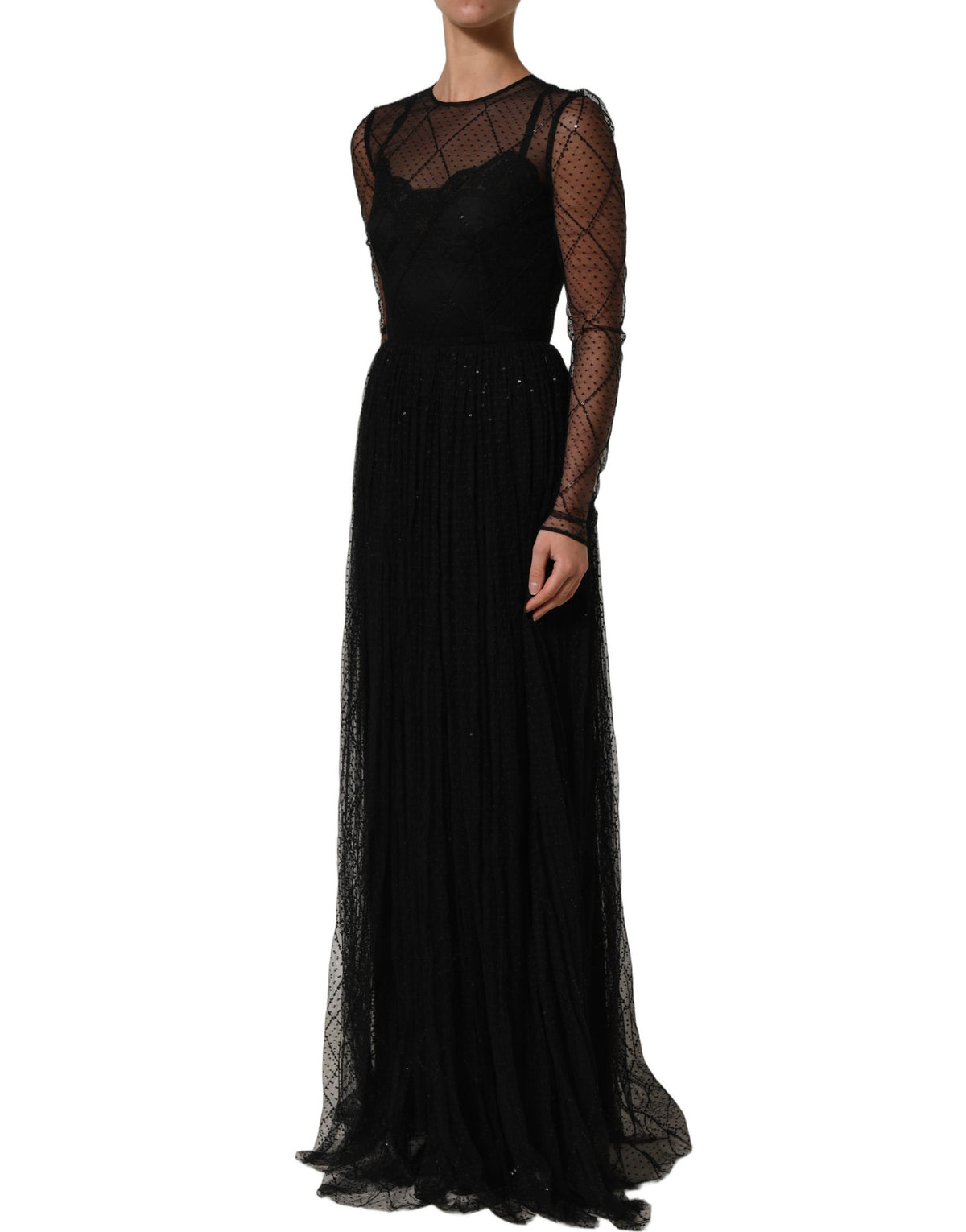 Dolce & Gabbana Schwarzes Maxikleid mit langen Ärmeln aus Mesh-Spitze