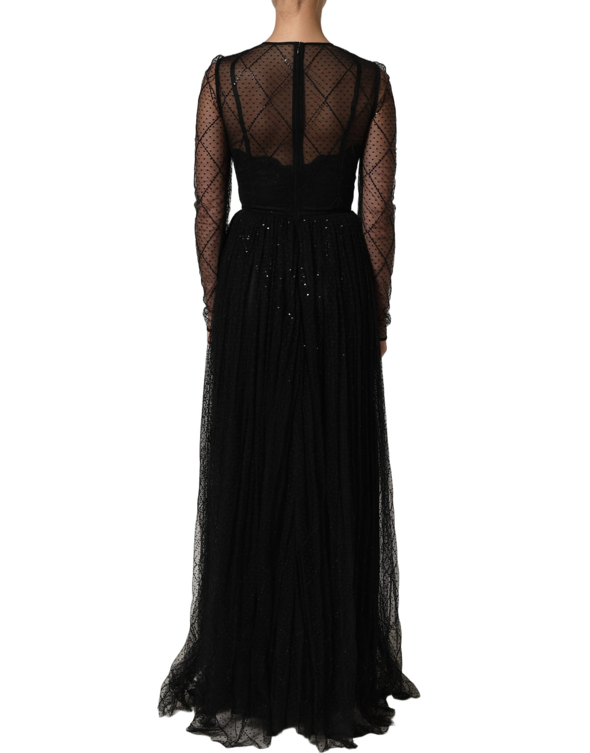 Dolce & Gabbana Schwarzes Maxikleid mit langen Ärmeln aus Mesh-Spitze