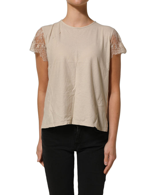PINK MEMORIES Beige Cotton Lace Detailing Round Neck Top