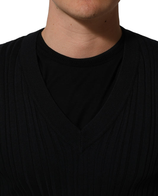 Dolce & Gabbana Black Silk Blend V-neck Pullover Men Sweater