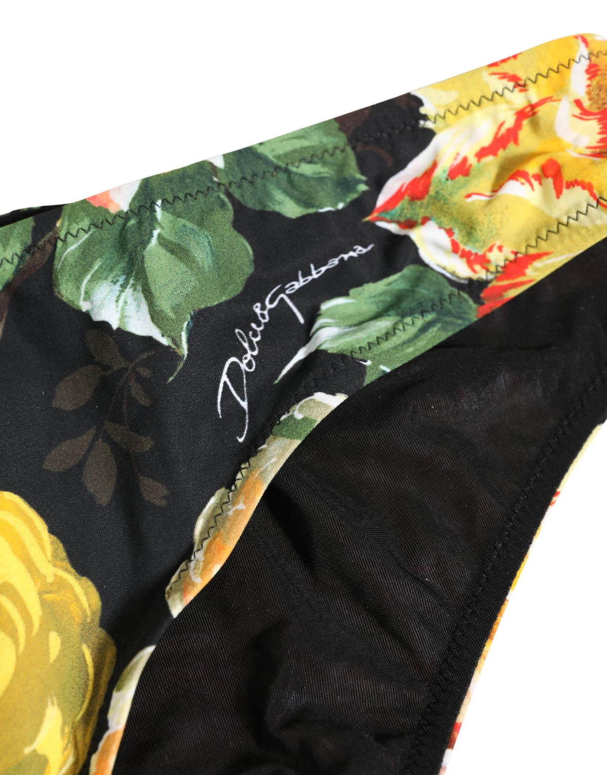 Dolce & Gabbana Schwarzes Bikiniunterteil aus Nylon mit Blumenprint