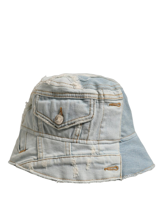 Dolce & Gabbana Men Blue Patchwork Cotton Denim Bucket Cap Hat