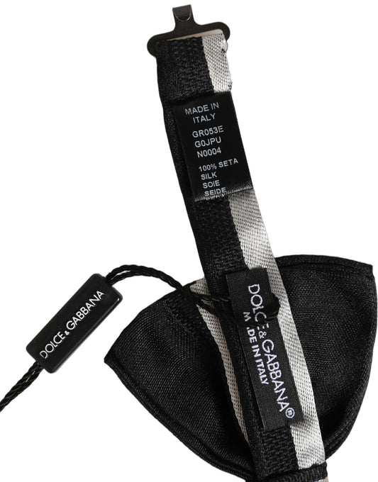 Dolce & Gabbana Black Silver 100% Silk Adjustable Neck Papillon Bow Tie