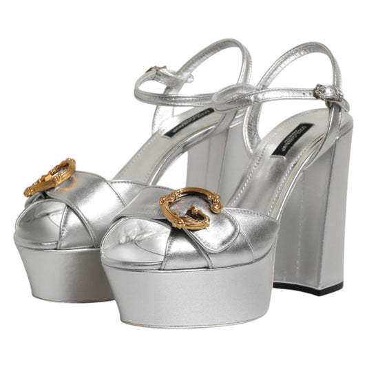 Dolce & Gabbana Silver Logo Ankle Strap Heels Sandals Shoes