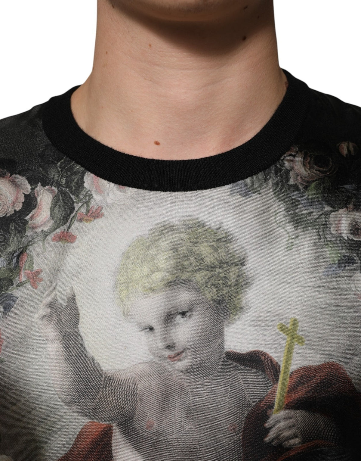 Dolce & Gabbana Schwarzer Kaschmir-Pullover mit Engel-Barock-Print
