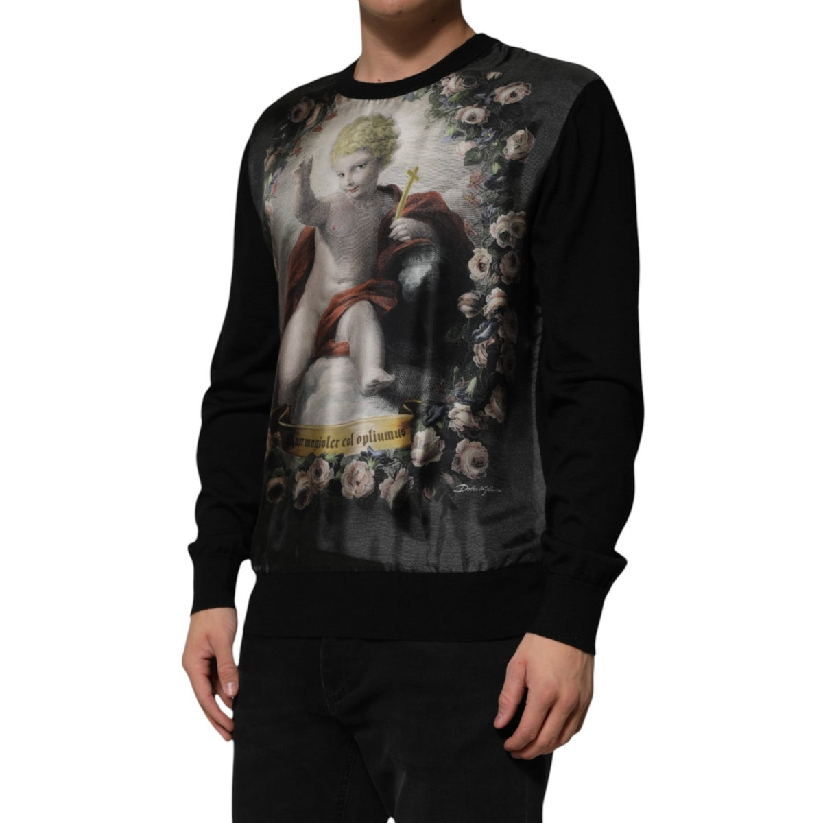 Dolce & Gabbana Schwarzer Kaschmir-Pullover mit Engel-Barock-Print