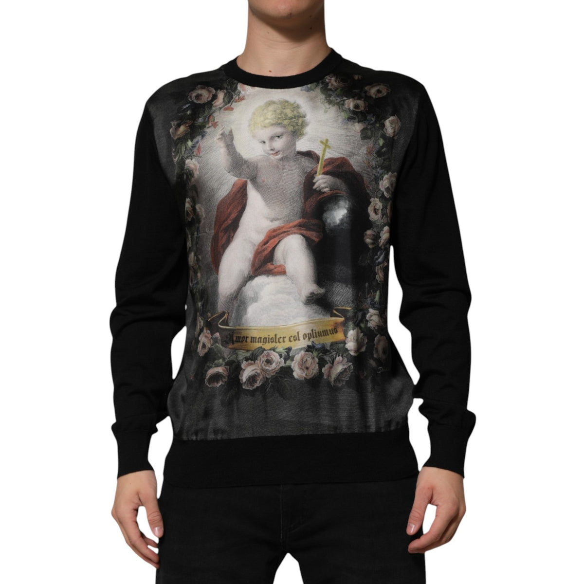 Dolce & Gabbana Schwarzer Kaschmir-Pullover mit Engel-Barock-Print