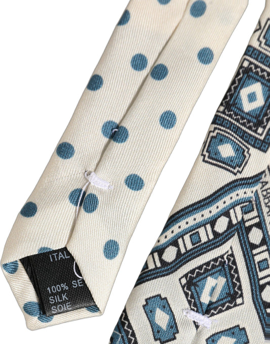 Dolce & Gabbana Men Off White Blue Geometric Adjustable Tied Necktie Tie