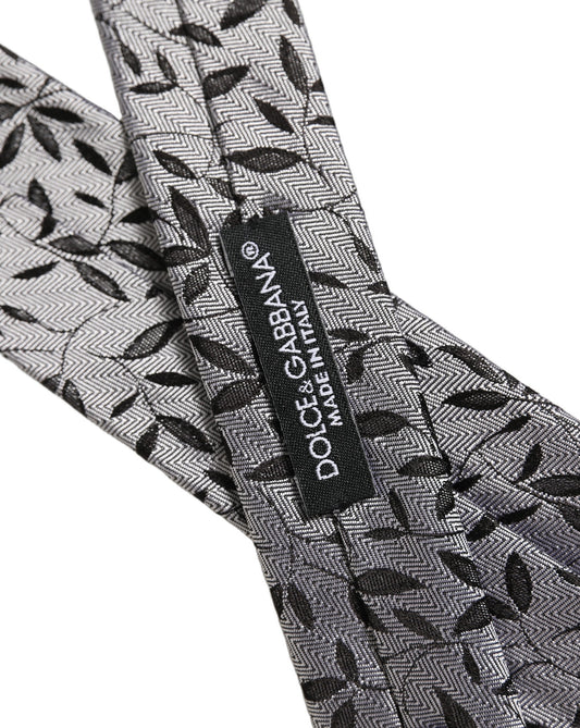 Dolce & Gabbana Men Gray Leaf Pattern Silk Adjustable Tied Necktie Tie