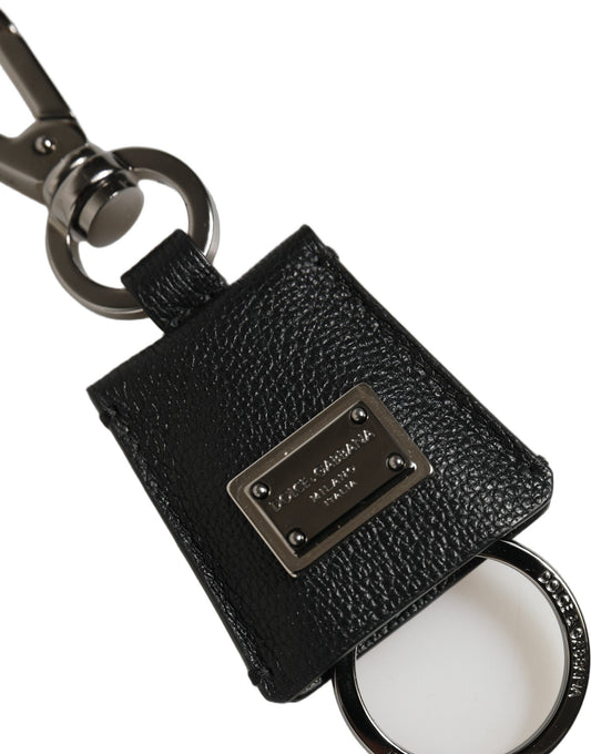 Dolce & Gabbana Black Dauphine Leather Silver Metal Logo Plaque Keyring