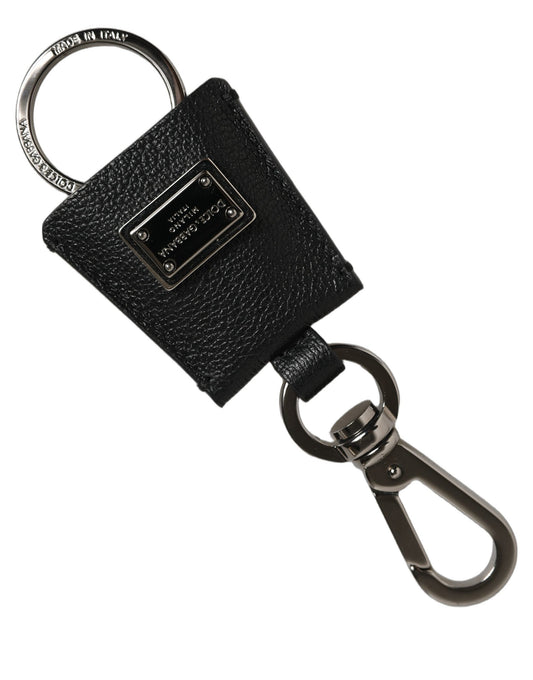 Dolce & Gabbana Black Dauphine Leather Silver Metal Logo Plaque Keyring