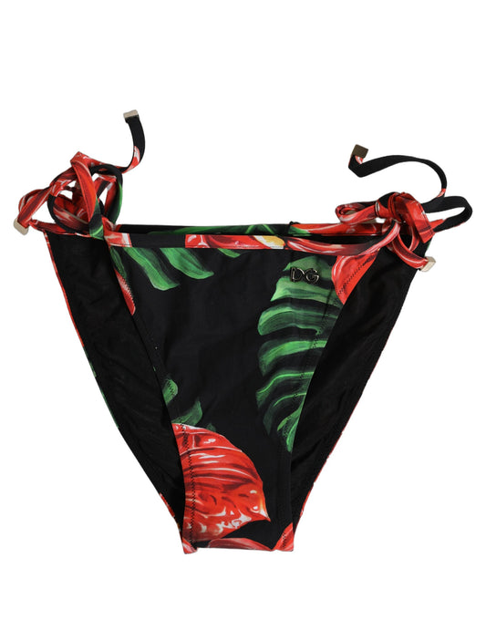 Dolce & Gabbana Black Floral Print Nylon Beachwear Bikini Bottom