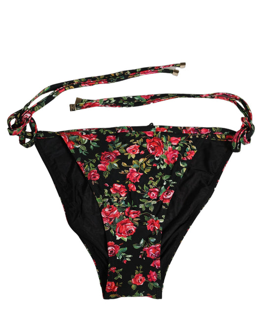 Dolce & Gabbana Black Floral Print Nylon Beachwear Bikini Bottom