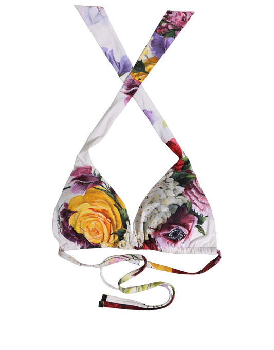 Dolce & Gabbana White Floral Print Triangle Beachwear Bikini Top