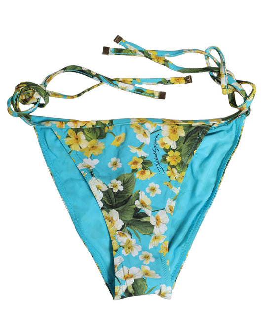 Dolce & Gabbana Blue Floral Print Nylon Beachwear Bikini Bottom