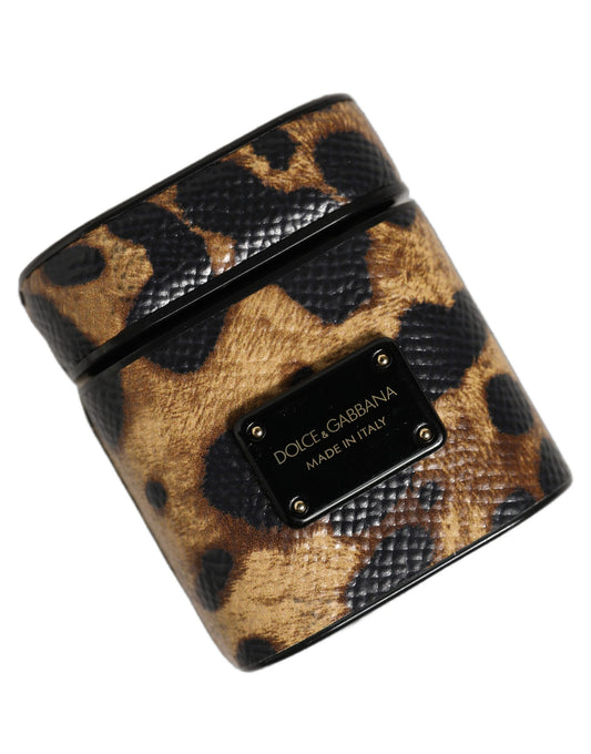 Dolce & Gabbana Brown Leopard Calf Leather Metal Logo Plaque Airpods Case
