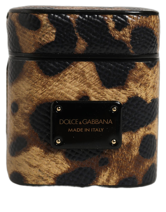 Dolce & Gabbana Brown Leopard Calf Leather Metal Logo Plaque Airpods Case