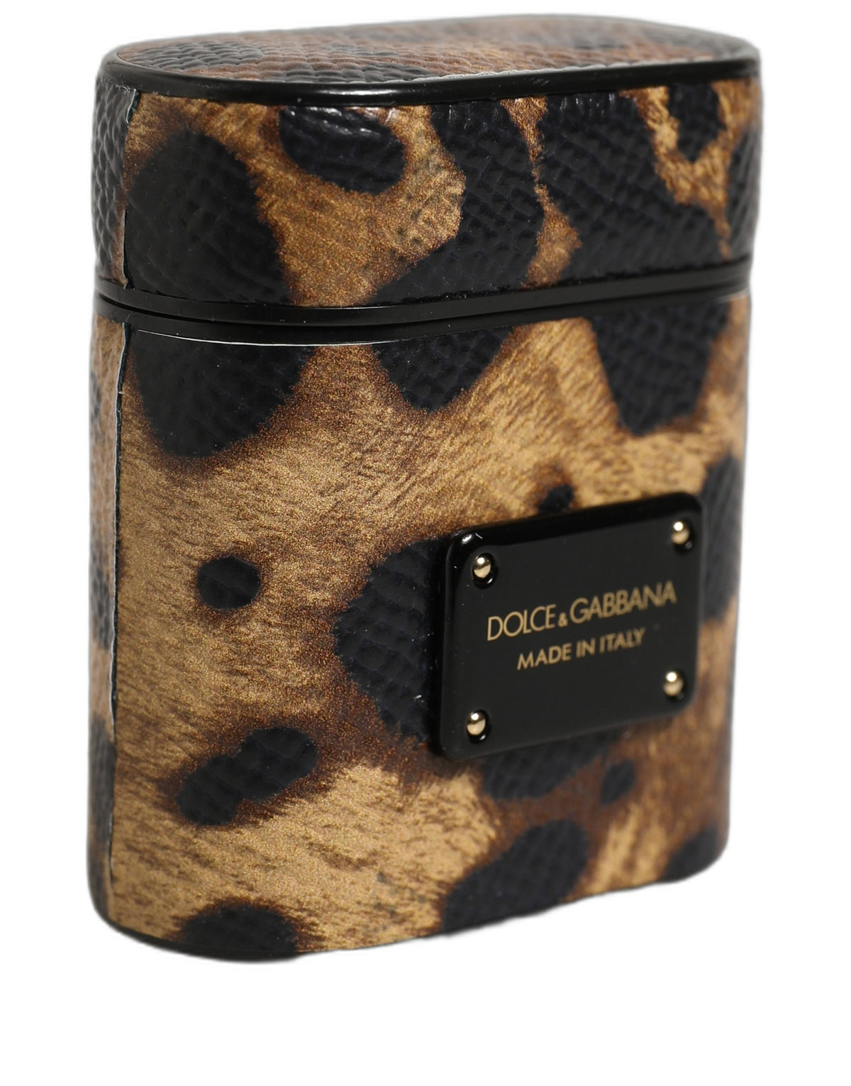 Dolce & Gabbana Braunes Airpods Case aus Kalbsleder mit Leopardenmuster und Logo aus Metall