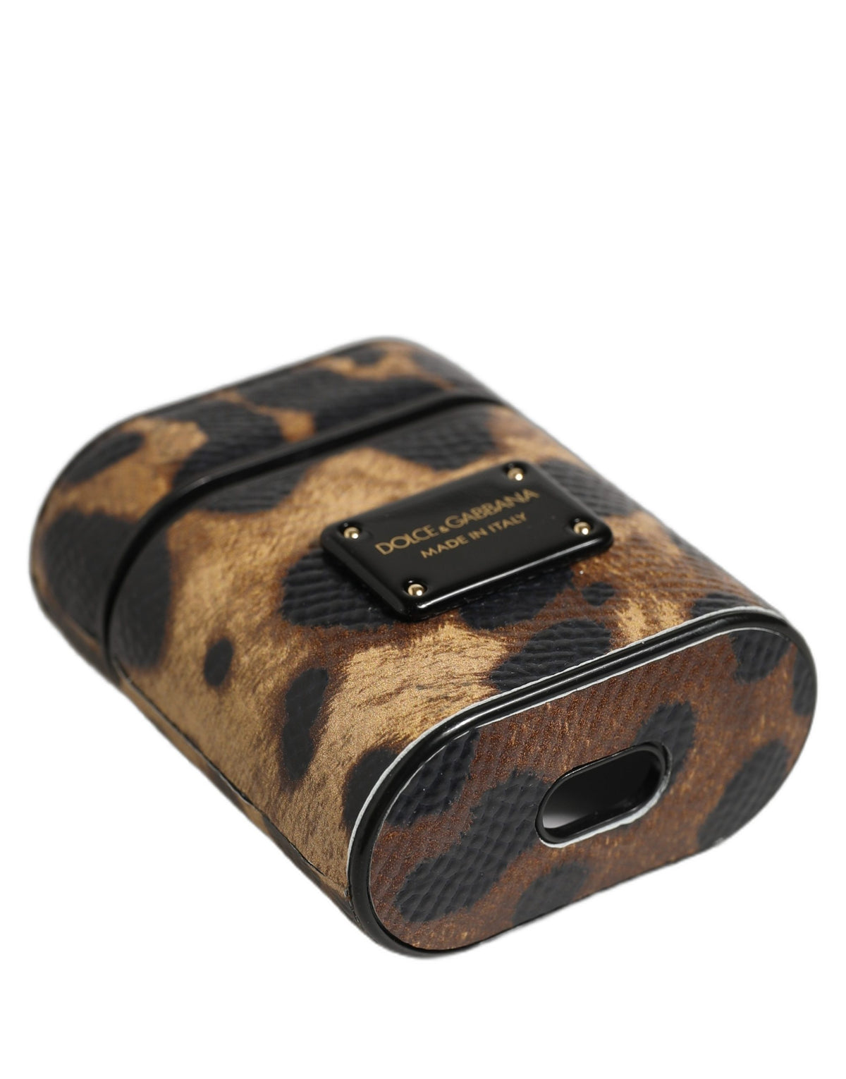 Dolce & Gabbana Braunes Airpods Case aus Kalbsleder mit Leopardenmuster und Logo aus Metall