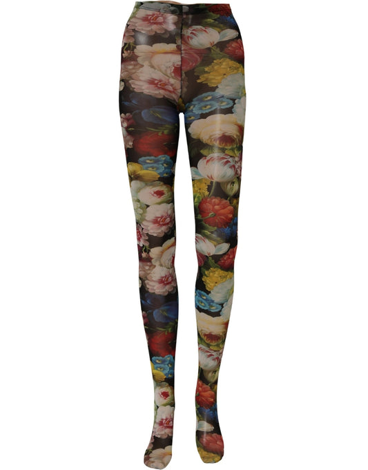 Dolce & Gabbana Black Floral Print Tights Sheer Stockings Socks