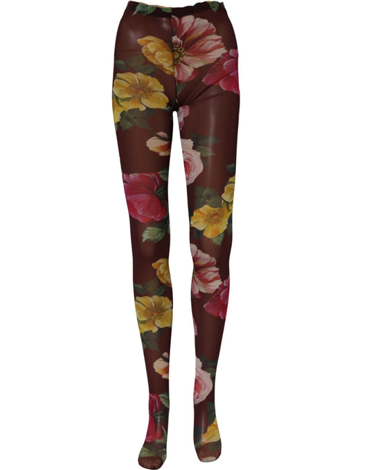 Dolce & Gabbana Maroon Floral Print Tights Sheer Stockings Socks